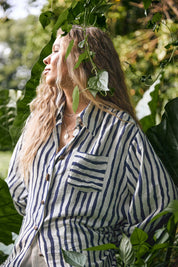Striped cotton-linen H-line long sleeve top