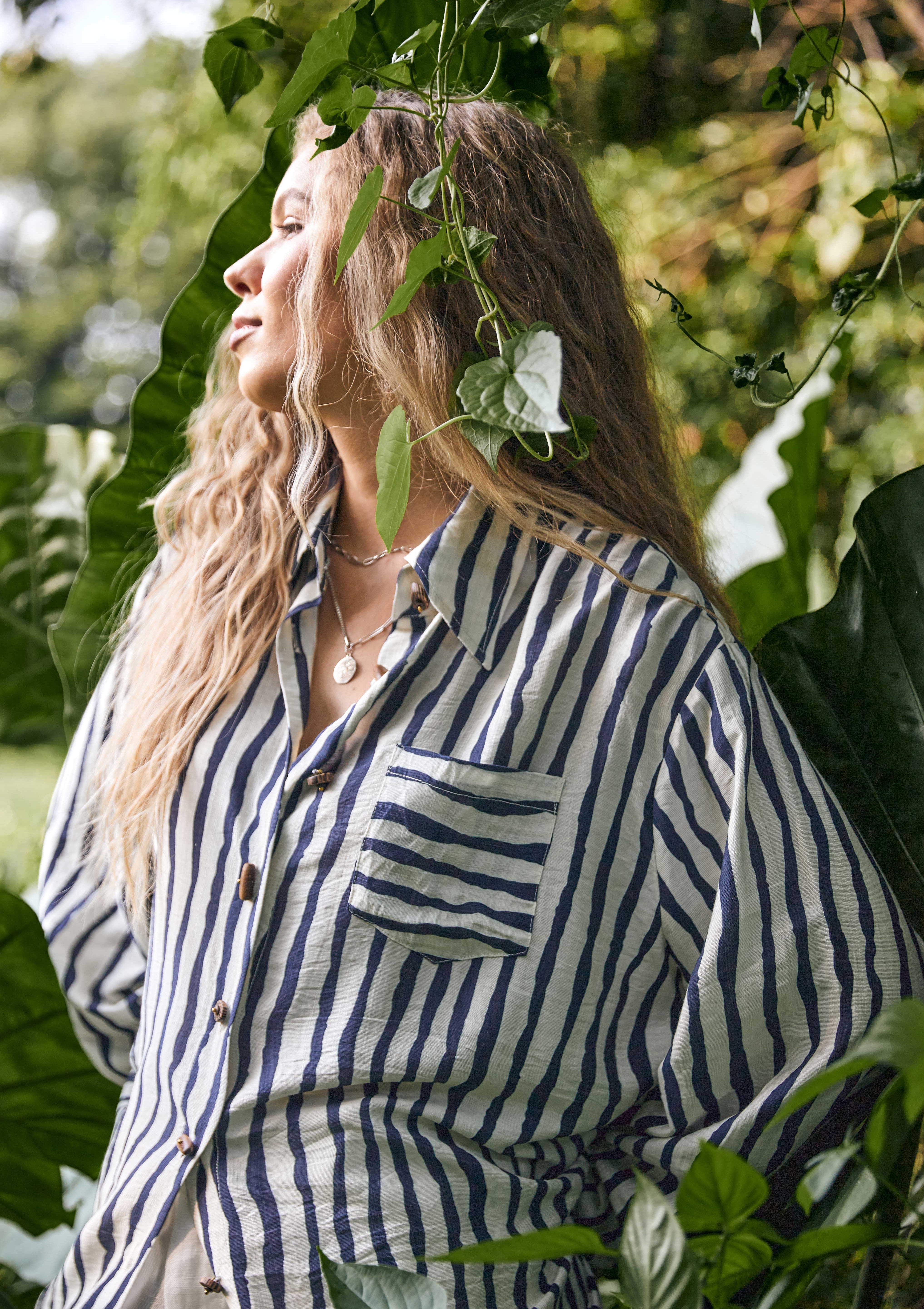 Striped cotton-linen H-line long sleeve top
