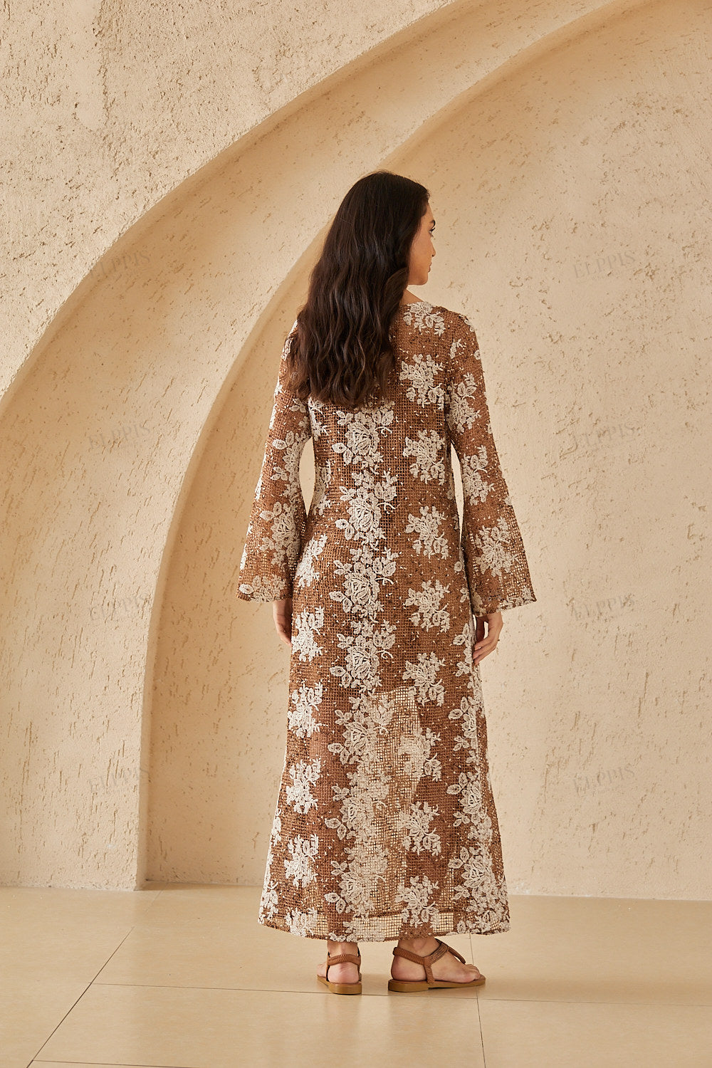 Caramel Mesh Midi Dress with White Floral Embroidery & Bell Sleeves