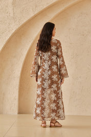 Caramel Mesh Midi Dress with White Floral Embroidery & Bell Sleeves
