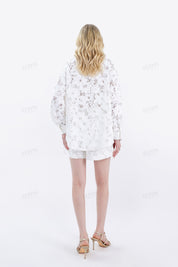 White Floral Lace Short-Sleeve Blouse
