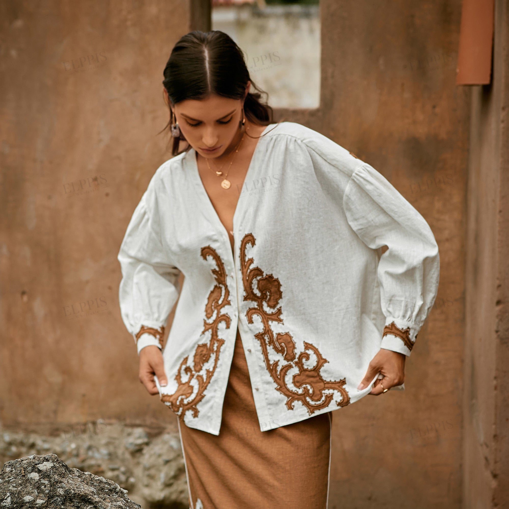 Color-block patchwork embroidered H-line cotton-linen midi skirt