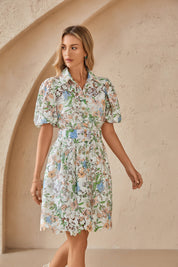 Floral Lace Puff Sleeve Shirt Dress with Belt