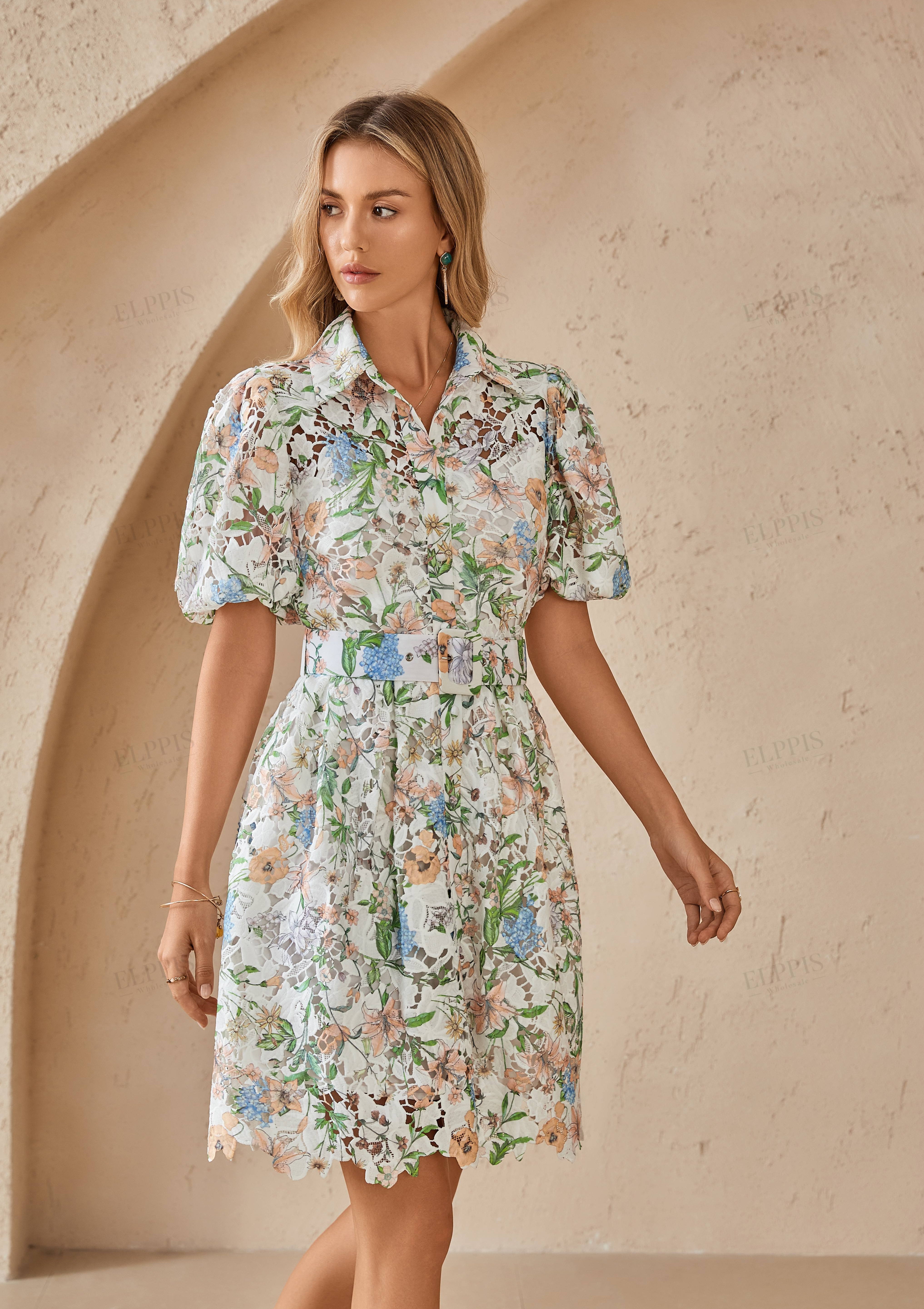 Floral Lace Puff Sleeve Shirt Dress with Belt