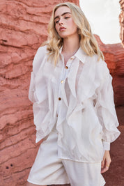 Blush Pink Sheer Organza Shirt with Tiered Ruffle Detail