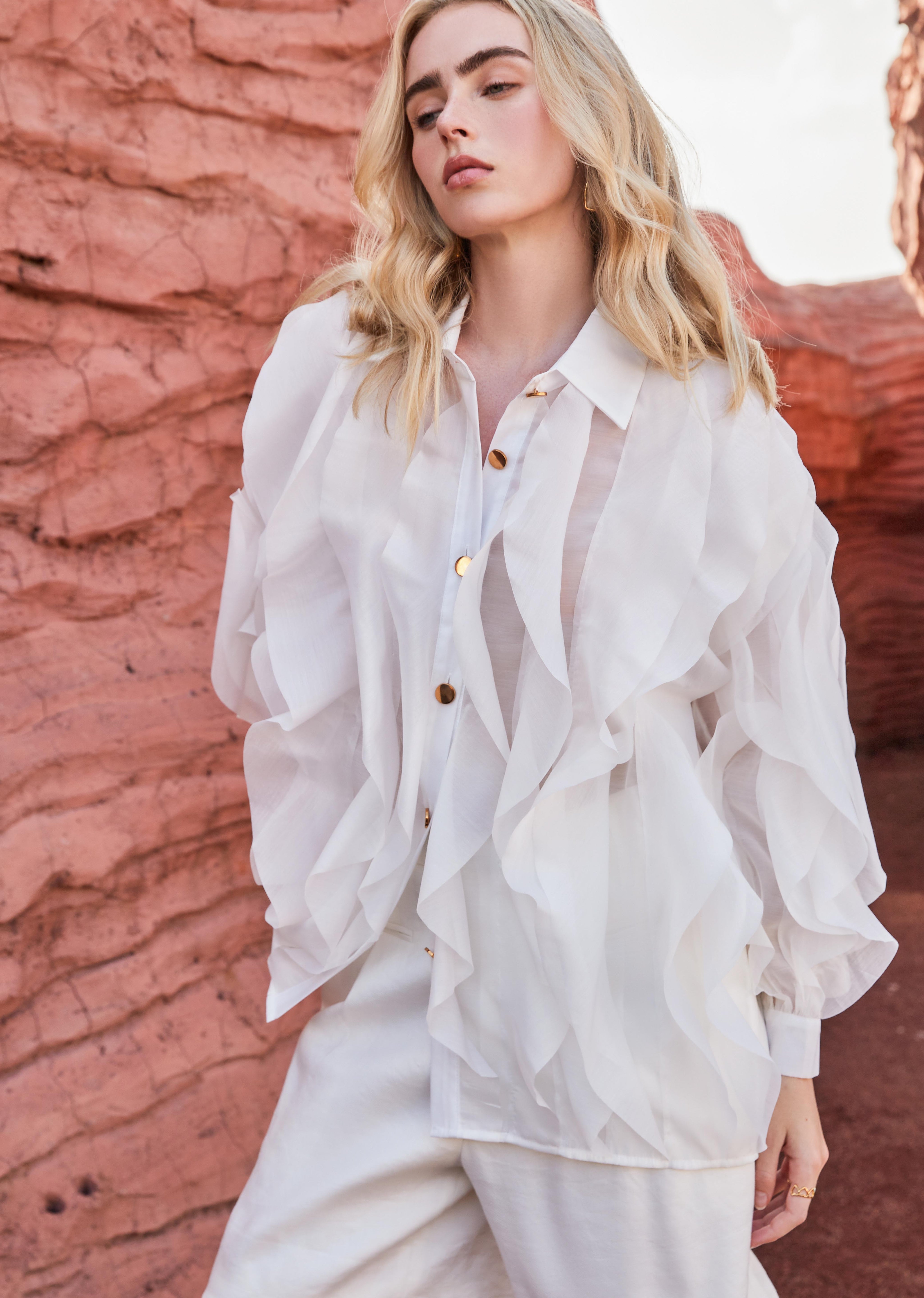 Blush Pink Sheer Organza Shirt with Tiered Ruffle Detail