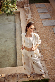 White Linen-Blend Wide-Leg Pants with Gold Crane Embroidery