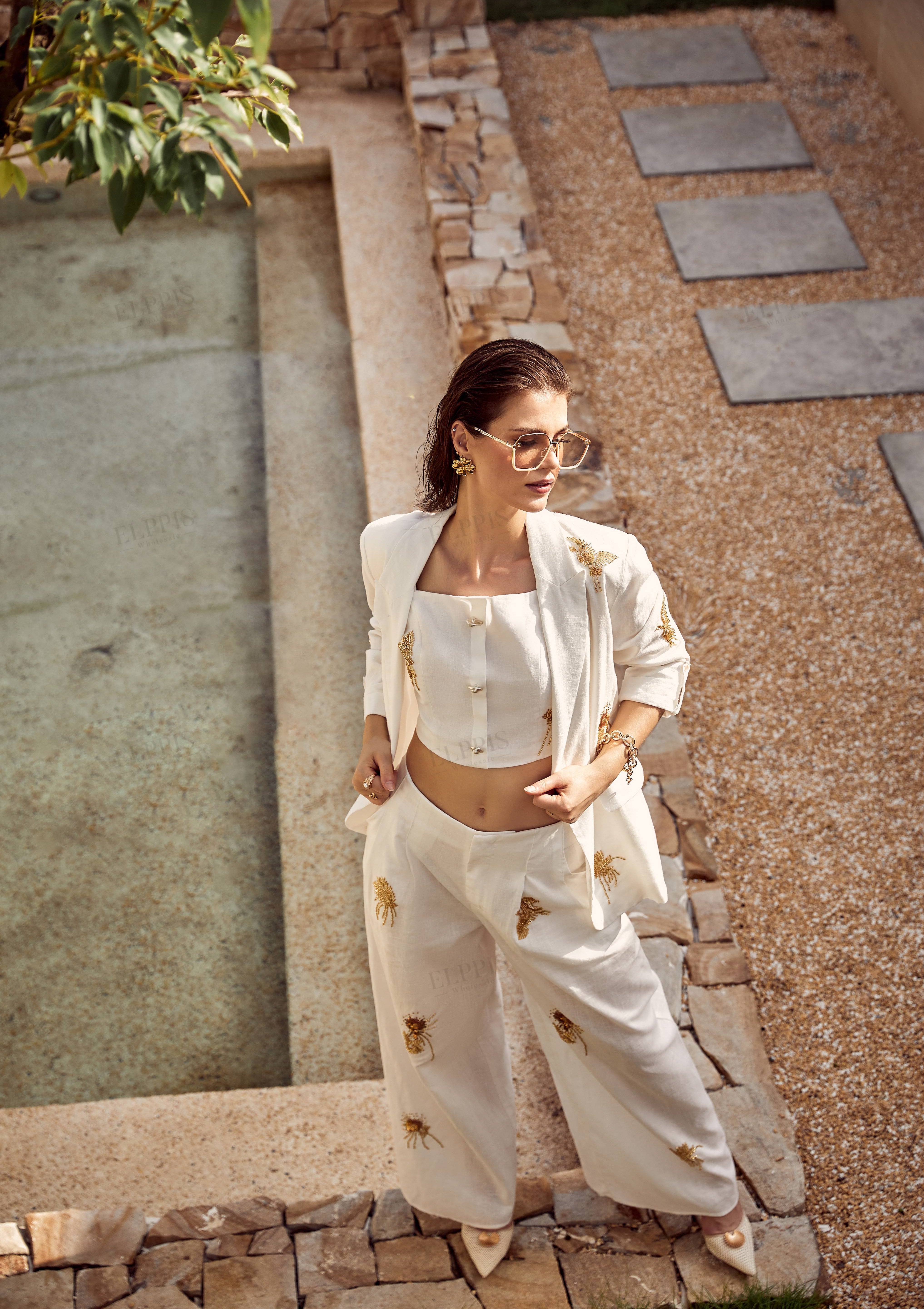 White Linen-Blend Wide-Leg Pants with Gold Crane Embroidery