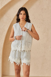 Black-Striped White Shorts with Lace Hem