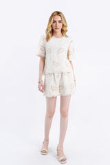 Beige Linen-Blend Short-Sleeve Top with Paisley Cutouts