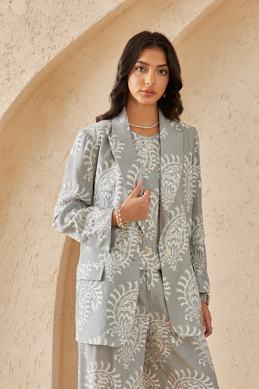 Gray & White Paisley Print Blazer with Rolled Cuffs