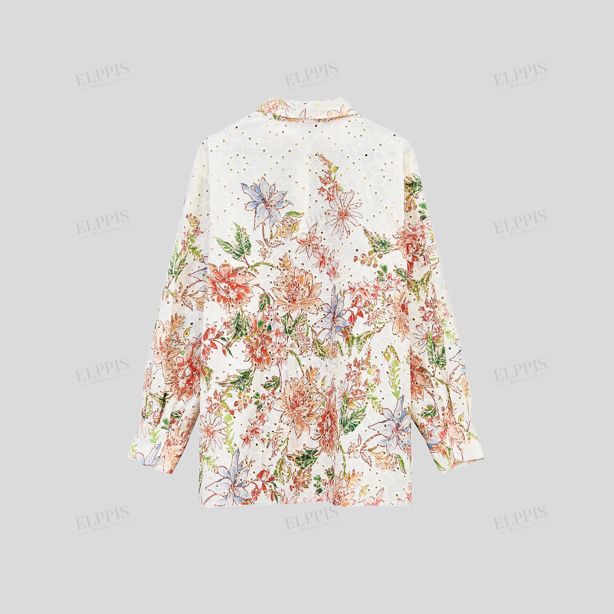 White Floral Print Sheer Shirt with Gold Dot Detail