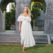 Romantic ruffled polka dot cotton embroidered off-the-shoulder dress