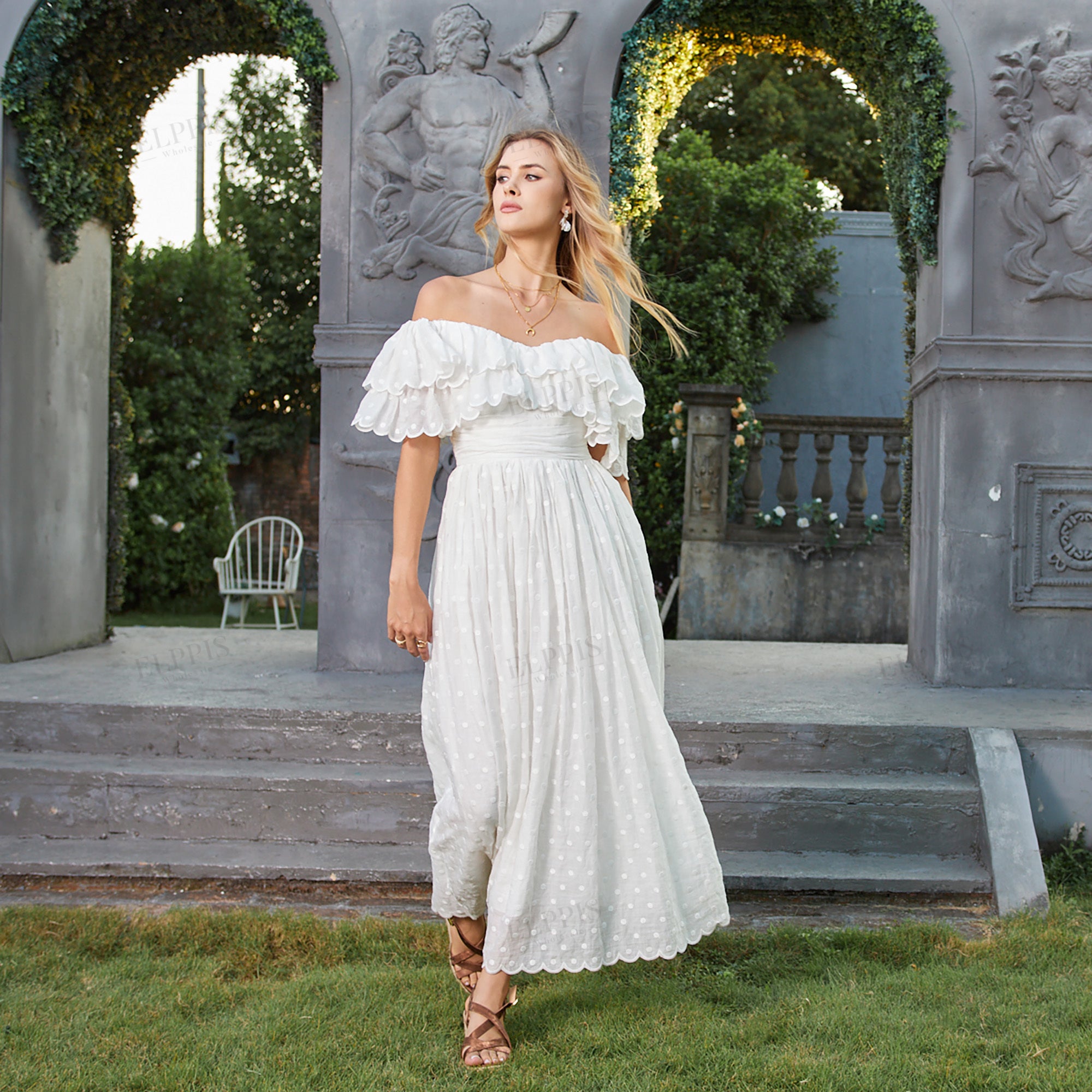 Romantic ruffled polka dot cotton embroidered off-the-shoulder dress