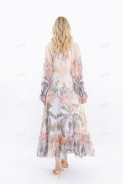 Sheer Tropical Floral Print Maxi Dress with Ruffled Sleeves