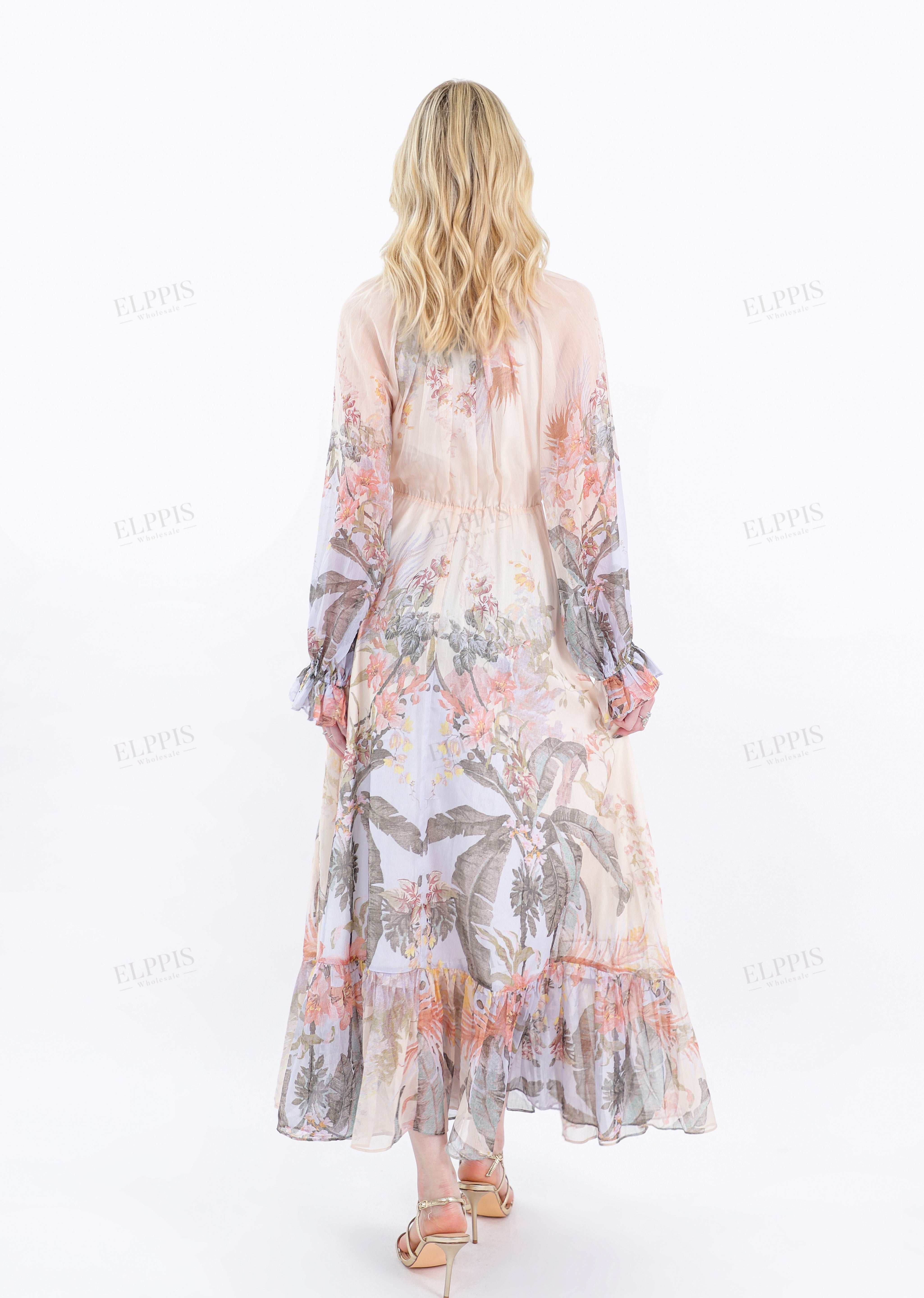Sheer Tropical Floral Print Maxi Dress with Ruffled Sleeves