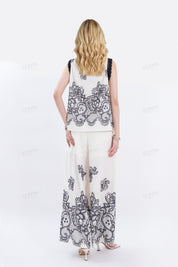 Ivory Sleeveless Blouse with Black Lace Embroidery & Shoulder Detail