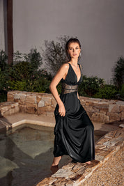 Black Satin Halter V-Neck Lace Panel Maxi Dress