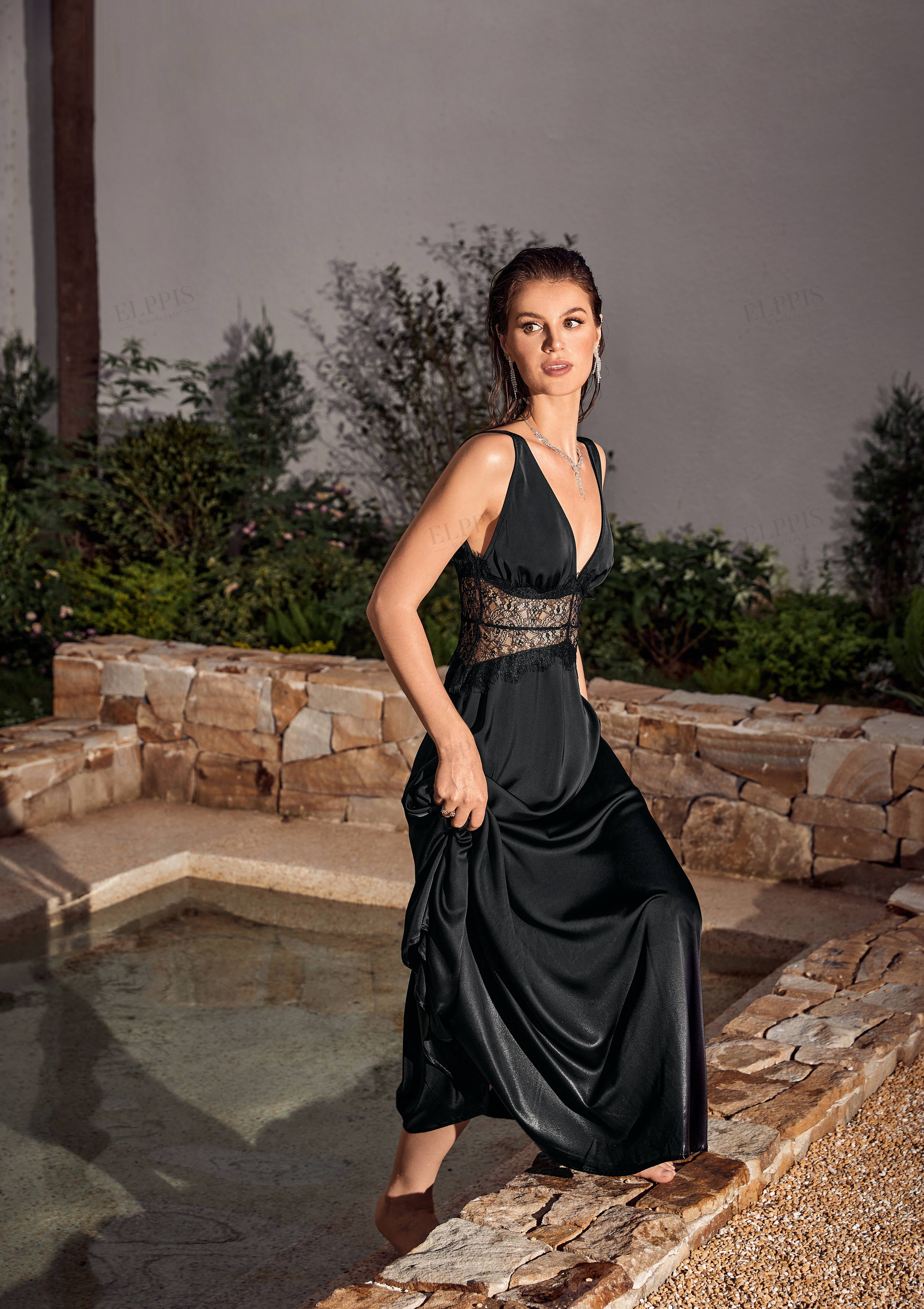 Black Satin Halter V-Neck Lace Panel Maxi Dress