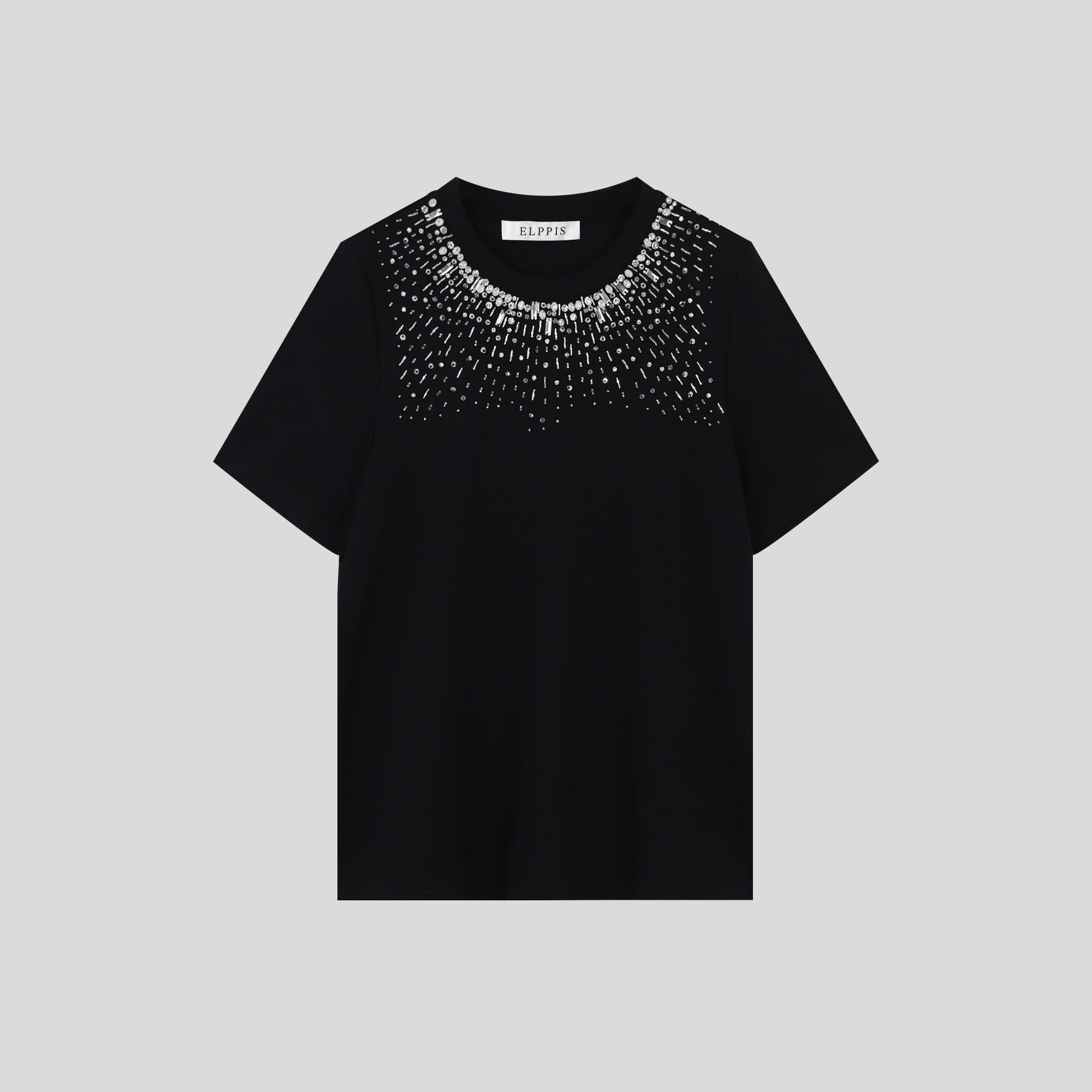 Black Crew Neck T-Shirt with Studded Shoulders & "PLEIN" Embroidery
