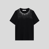 Black Crew Neck T-Shirt with Studded Shoulders & "PLEIN" Embroidery