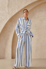 Blue & White Striped Oversized Linen-Blend  Long Sleee Shirt