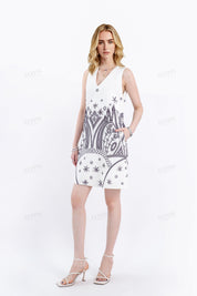 Off-White Sleeveless Shift Dress with Black Ethnic Pattern