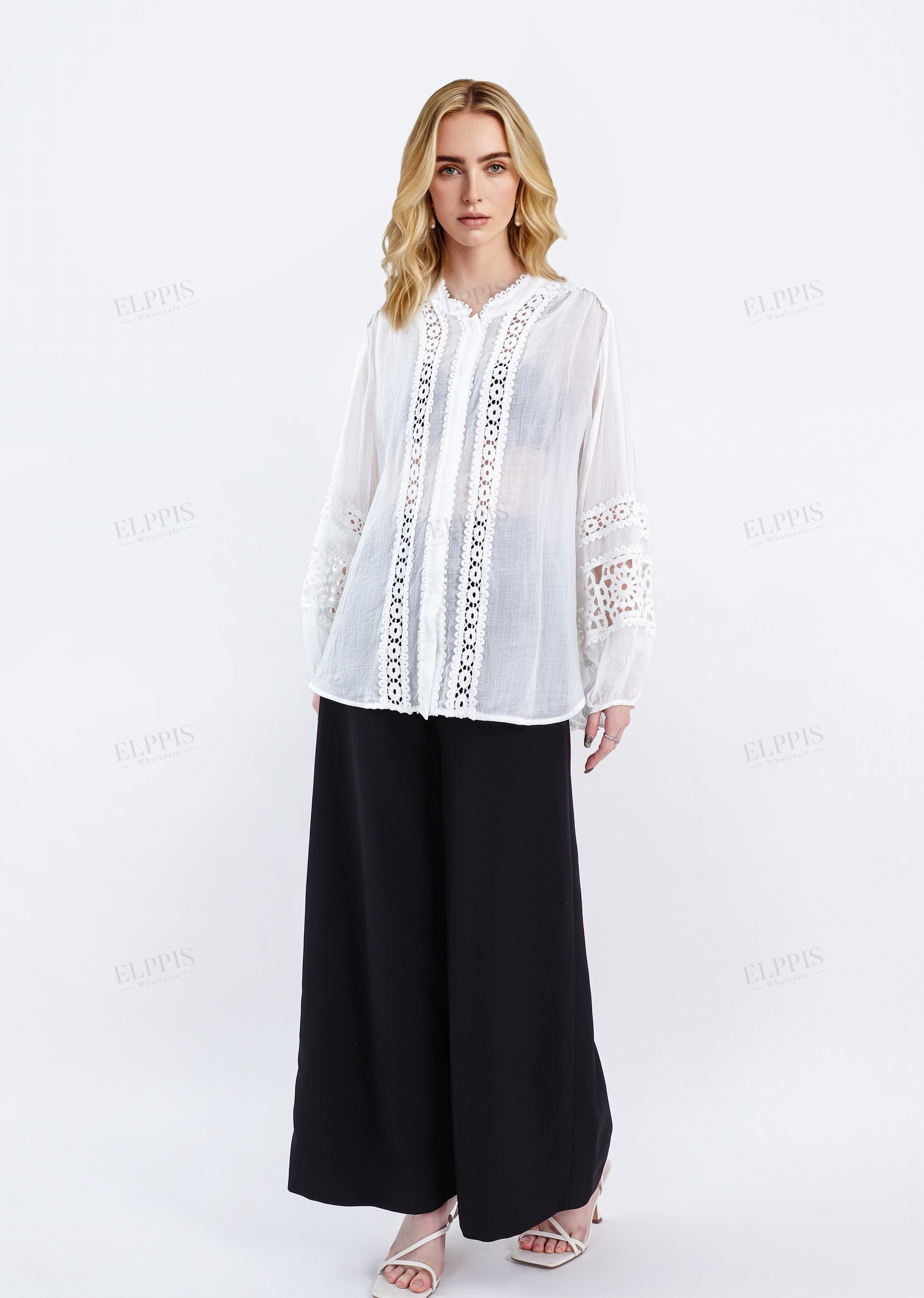 White Sheer Shirt with Intricate Crochet Lace Panels