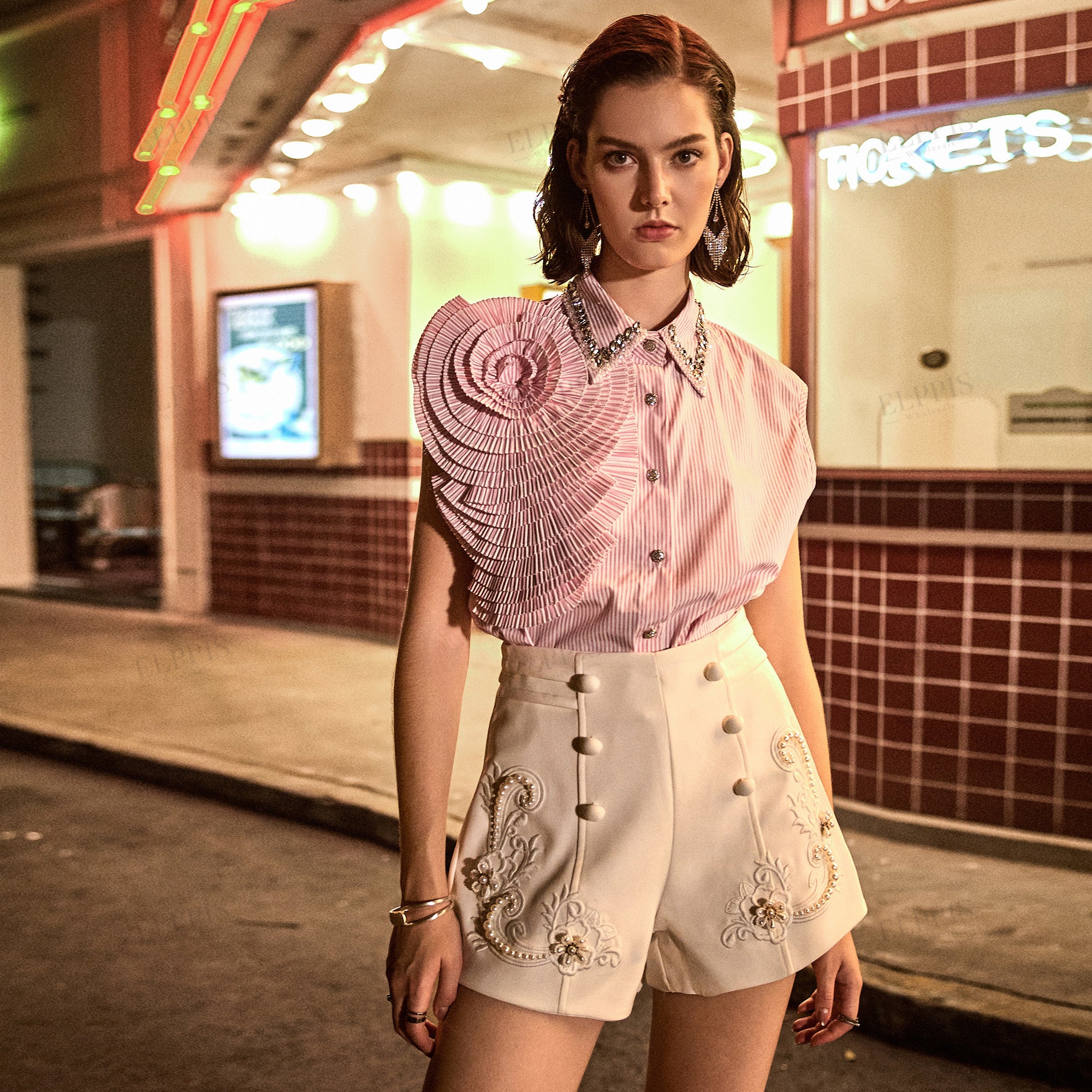 Positioned embroidered beaded high-waisted shorts