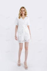 White Linen Shorts with Scalloped Lace Hem Detail