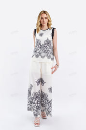 Ivory Sleeveless Blouse with Black Lace Embroidery & Shoulder Detail
