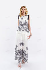 Ivory Sleeveless Blouse with Black Lace Embroidery & Shoulder Detail