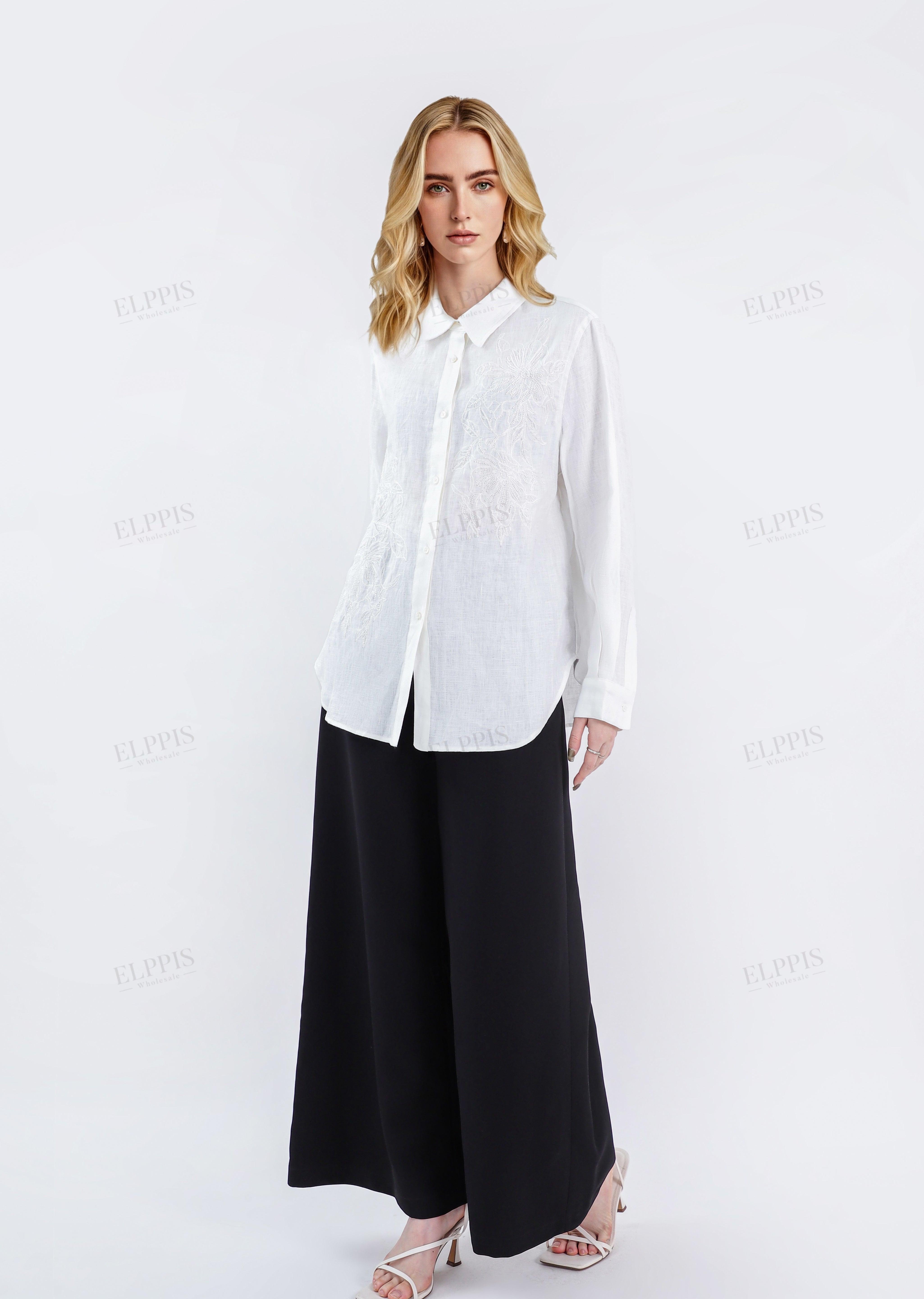 White Embroidered Linen Long Sleeves Shirt