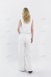 White Cropped Vest with Beaded Floral Embroidery & Crystal Buttons