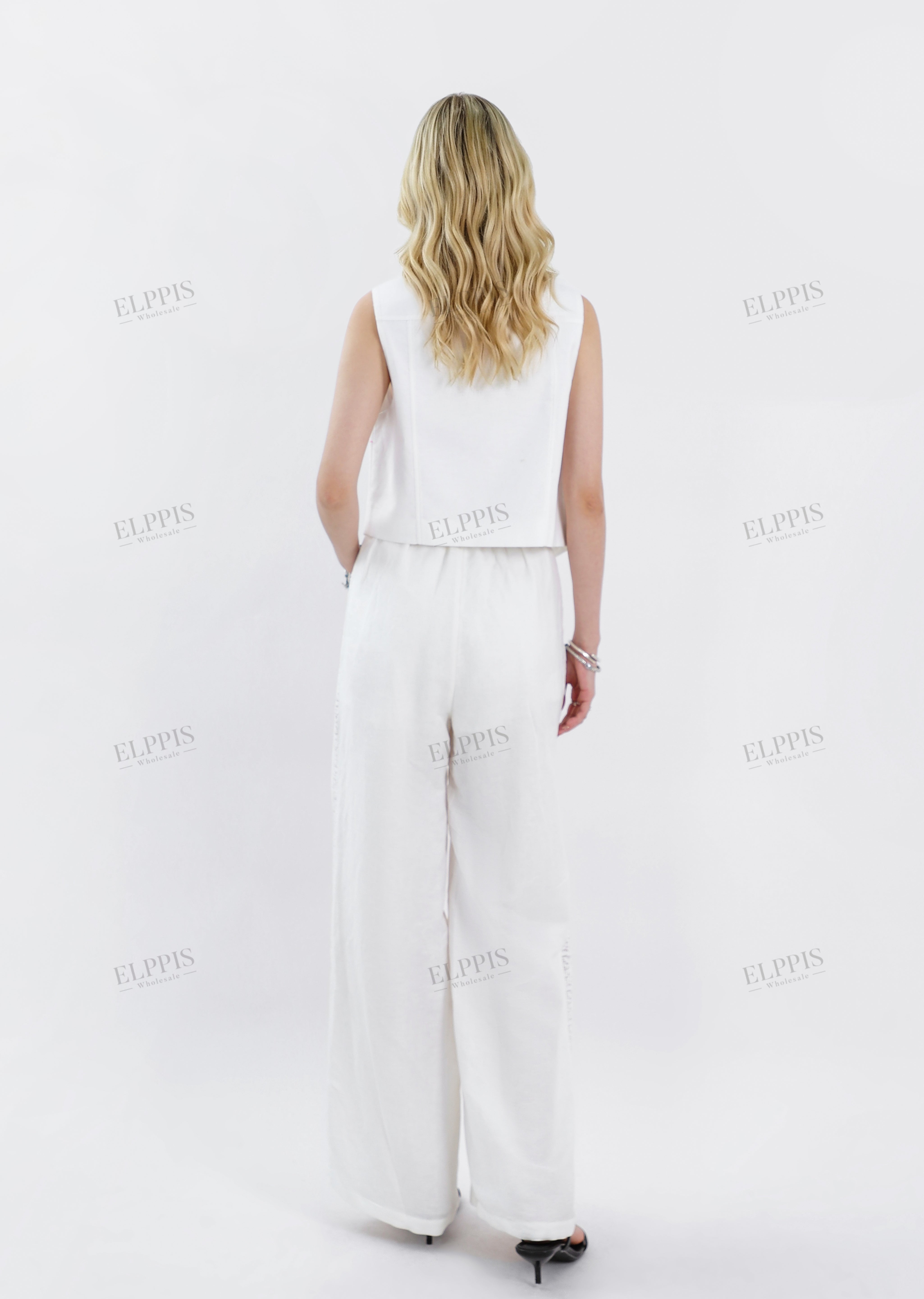 White Cropped Vest with Beaded Floral Embroidery & Crystal Buttons