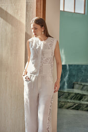White Linen Wide-Leg Lace Pants