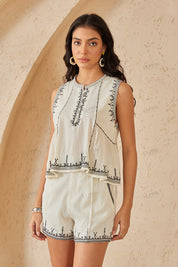 Ivory Black Embroidered Trim Linen Shorts