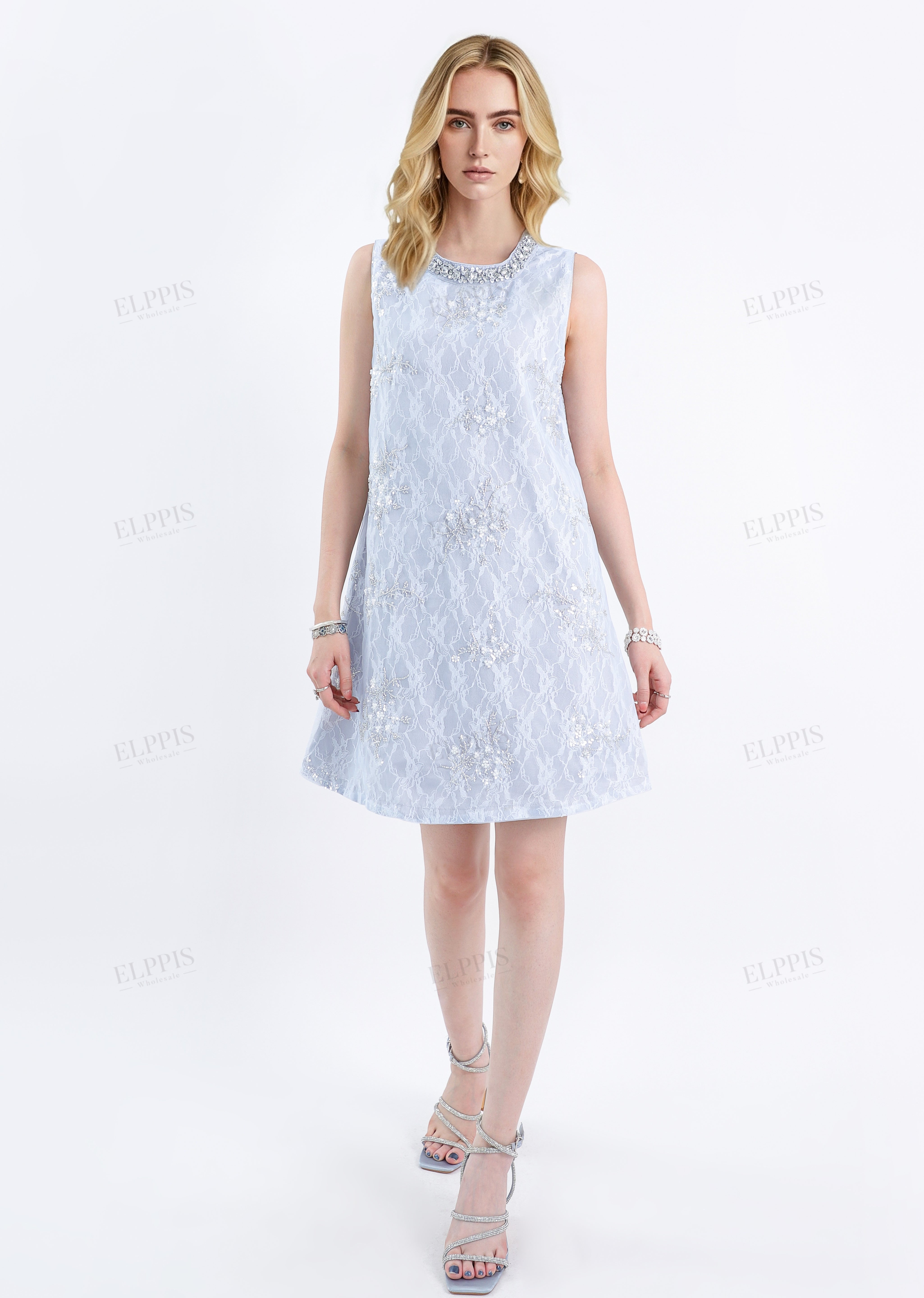 Light Blue Beaded Lace Sleeveless Mini Dress