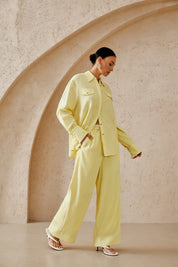 Pale Yellow Linen-Blend Wide-Leg Cropped Pants