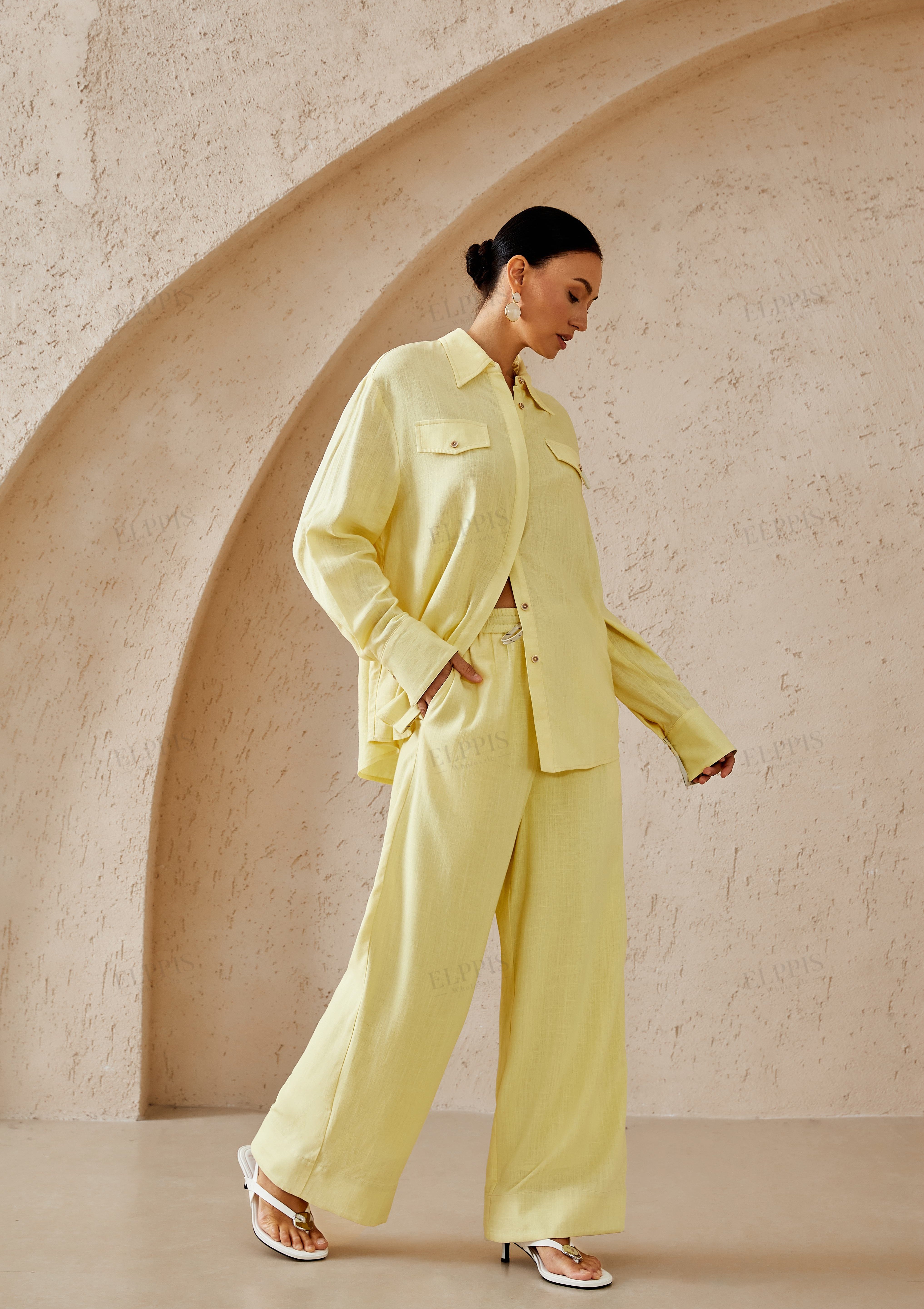 Pale Yellow Linen-Blend Wide-Leg Cropped Pants