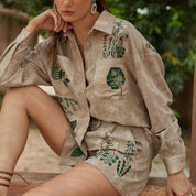 Floral plant embroidered H-line long sleeve shirt
