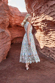 Eyelet Floral Print Sleeveless Midi Shirt Dress with Belt