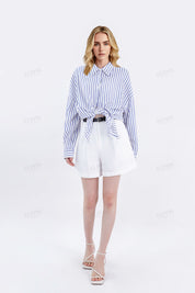 White Linen High-Waisted Shorts with Rolled Hem & Leather Belt