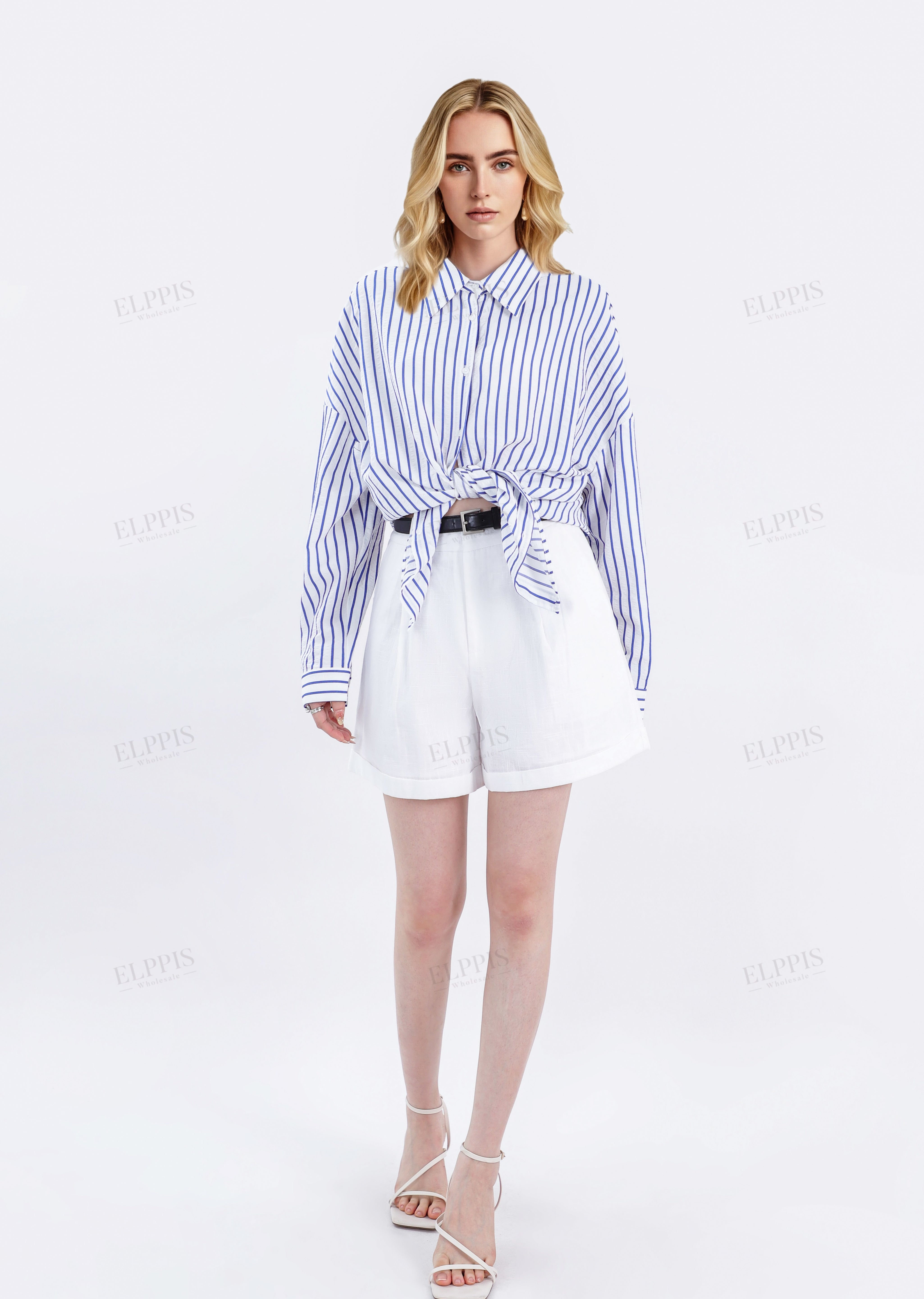 White Linen High-Waisted Shorts with Rolled Hem & Leather Belt