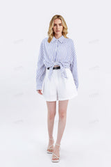 White Linen High-Waisted Shorts with Rolled Hem & Leather Belt