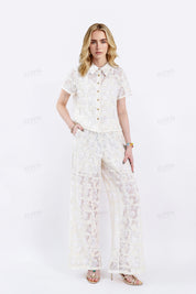 Cream Lace Wide-Leg Pants