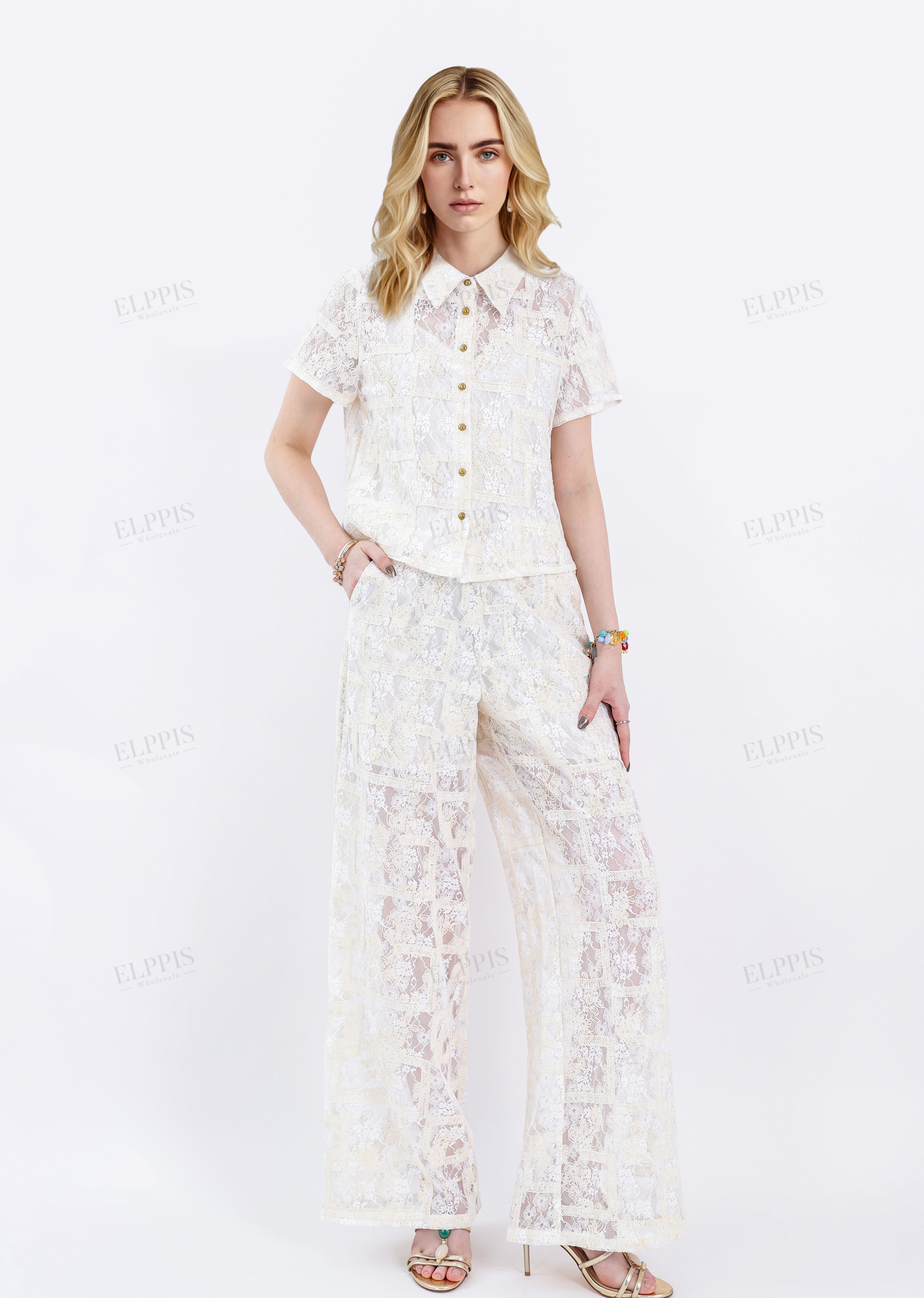 Cream Lace Wide-Leg Pants