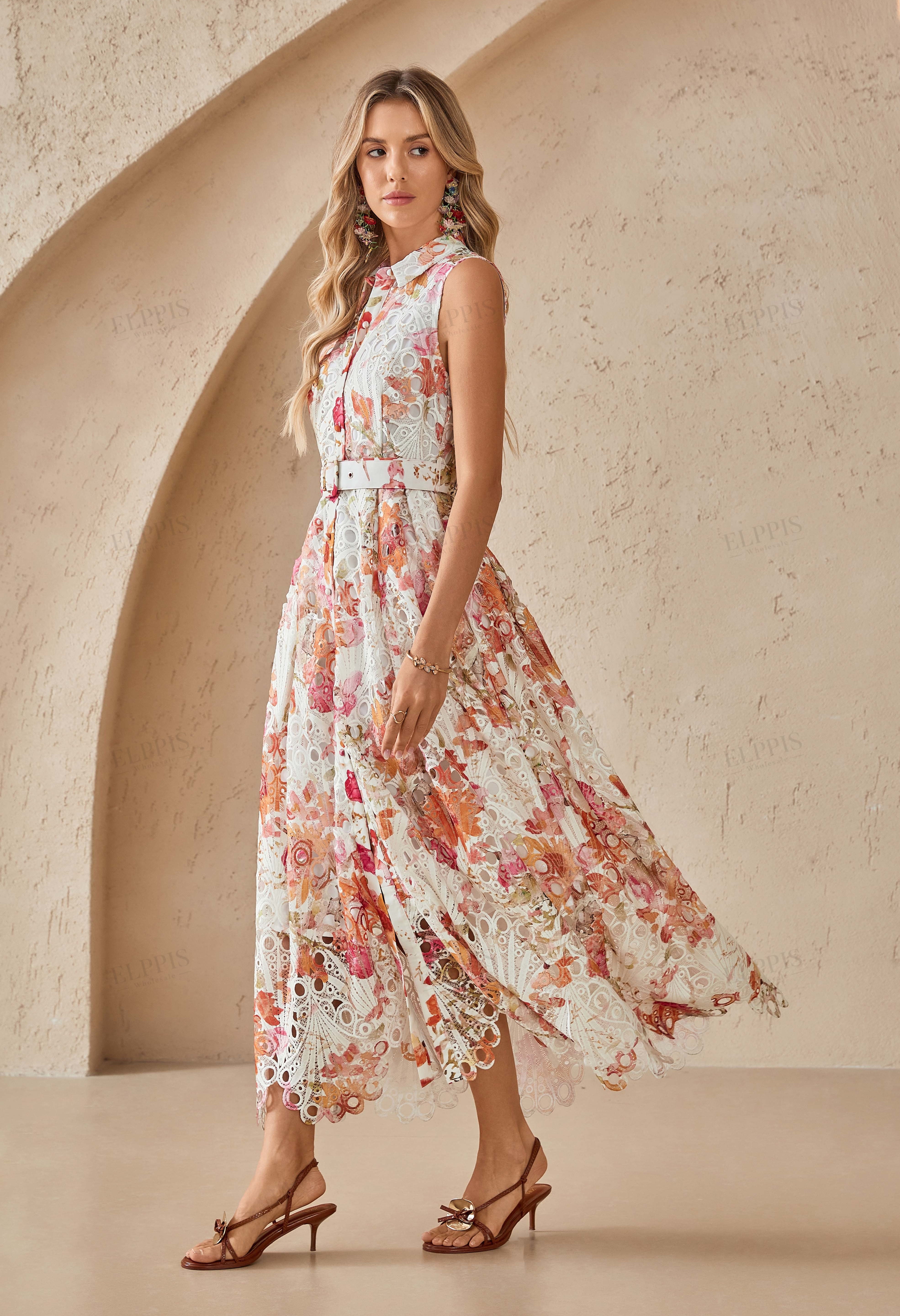 Sleeveless Cutout Lace Midi Shirt Dress