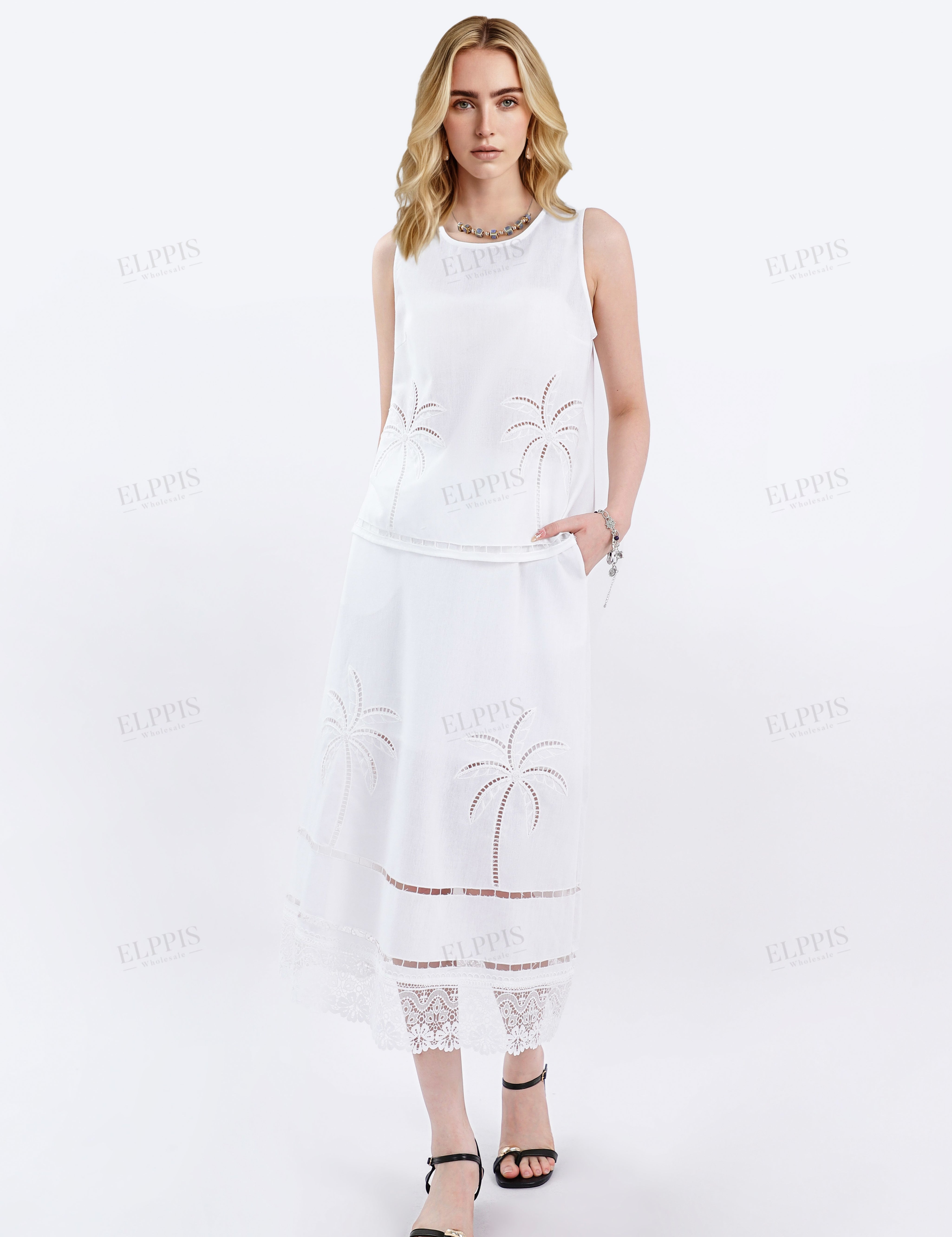 White Linen Midi Skirt with Palm Tree Eyelet & Lace Detail