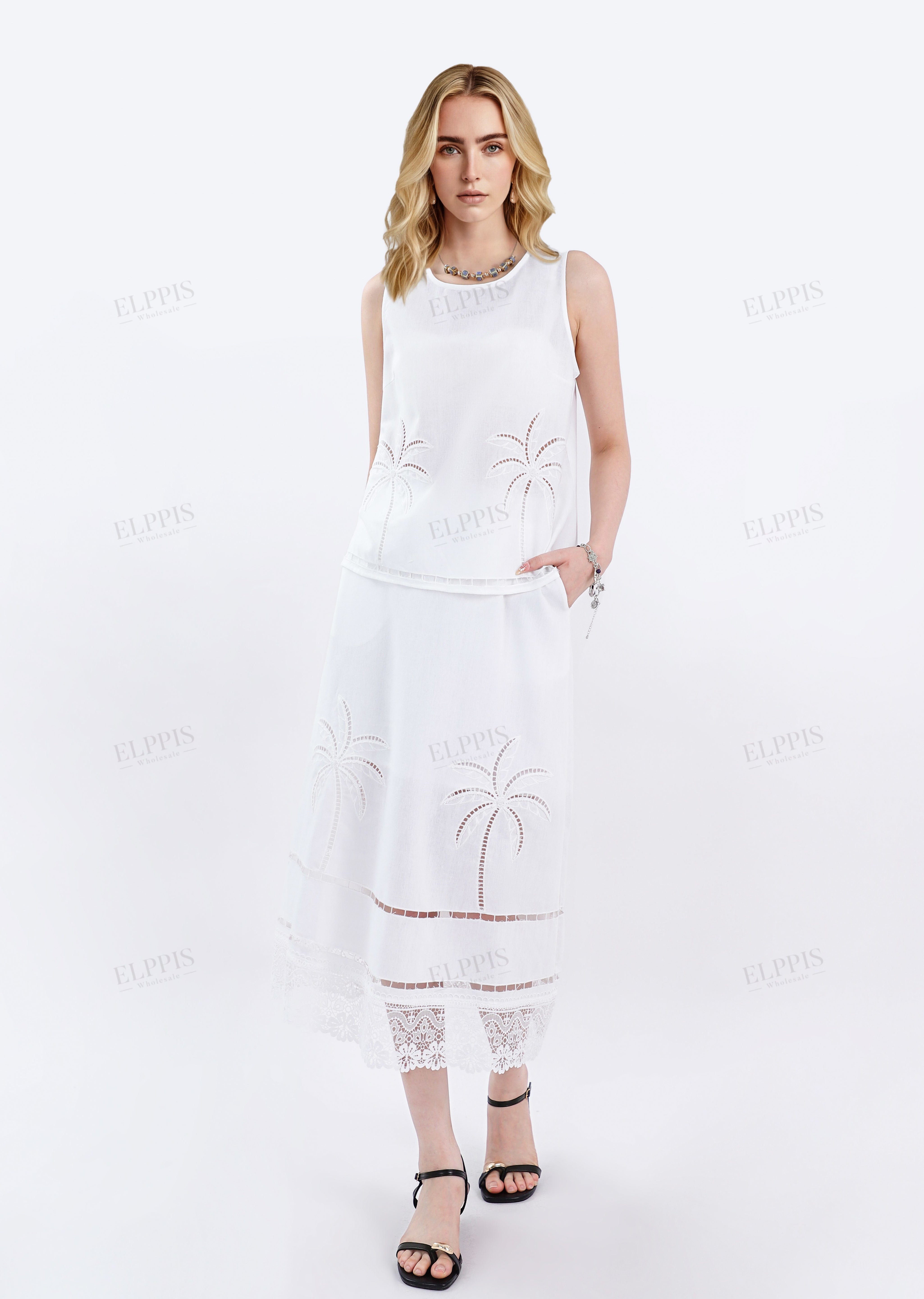 White Linen Midi Skirt with Palm Tree Eyelet & Lace Detail